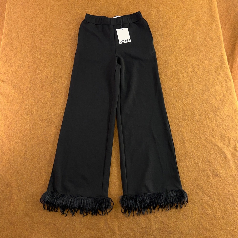 ICHI Womens Small Black Meteorite Ihkatine Feather Trim Wide Leg Trousers NWT